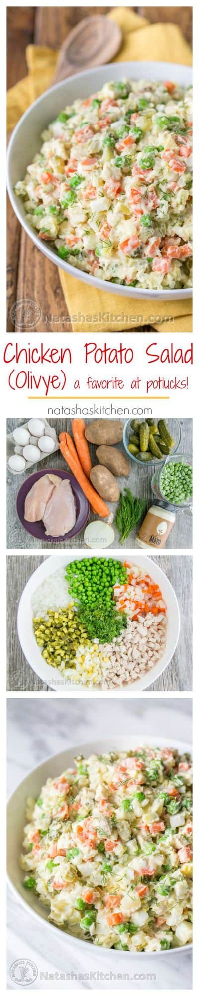 The most exciting potato salad you'll try! This chicken olivye is a favorite at church potlucks. | natashaskitchen.com